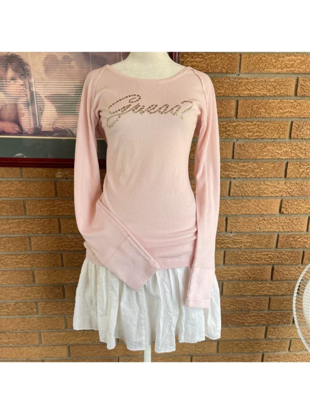 2000s Guess pink waffleknit long sleeve with studded and rhinestone logo details
